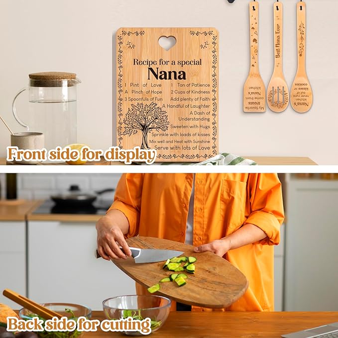 Gifts for Nana - "Recipe for a Special Nana" Nana Birthday Gifts Cutting Board Set, Bamboo-Made Engraved Utensil Set Nana Birthday Gifts, Grammy/Nanny/Granny/Gran Presents, Mothers Day Gifts for Nana