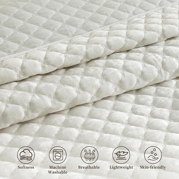 Velvet Quilt King Size Comforter Set - Luxury Soft Velvet Bedding Set for All Season, Bedspread Coverlet King Quilt with 2 Pillow Shams, Cream White, Diamond