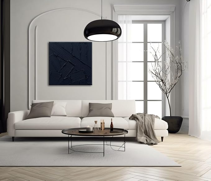 zoinart Hand Painted Textured Black Wall Art, 20x20 Inches Abstract Oil Paintings on Canvas Contemporary Wall Art Black Artwork