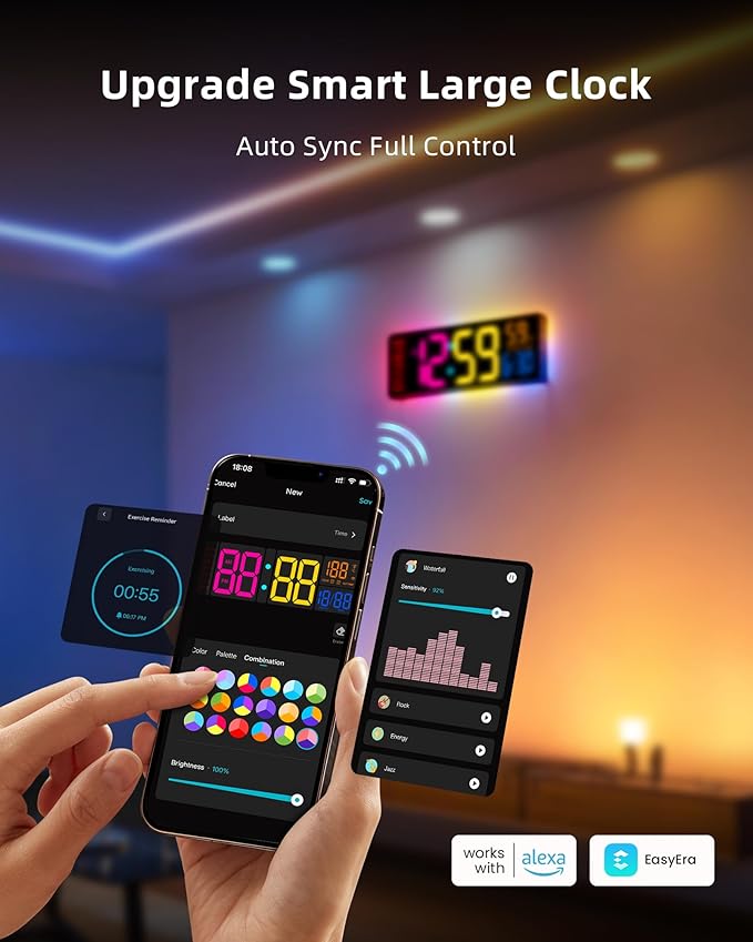 EASYERA Smart Digital Wall Clock with App Control, 16.5” Large RGBIC Wall Clock with Multiple DIY Color and Music Sync, LED Display, Auto DST, Plug-in Clocks for Classroom Home Gym Gaming
