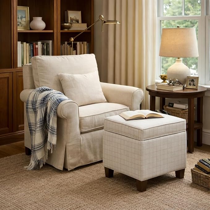 Homepop Home Decor | K7342-F2236 | Classic Square Storage Ottoman with Lift Off Lid | Ottoman with Storage for Living Room & Bedroom, Natural Windowpane Large