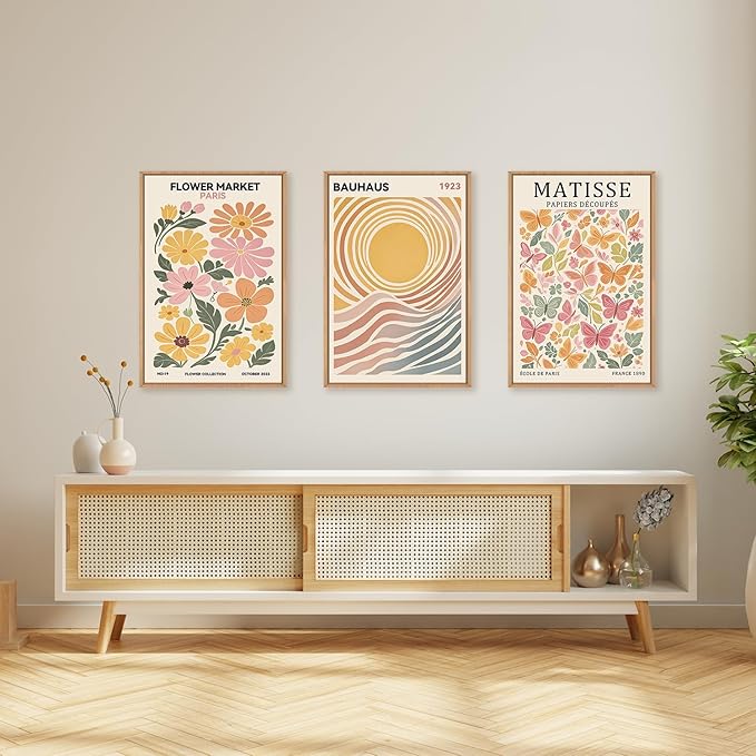 Ausril Boho Flower Market Framed Canvas Wall Art Set, Matisse Floral Wall Decor, Abstract Botanical Wall Painting, Nature Floral Illustration Art Prints for Living Room, Bedroom, Office 24"X36"X3