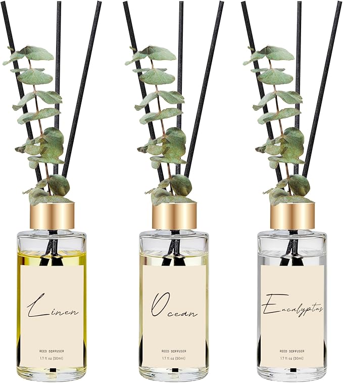 Reed Diffuser Set of 3, Eucalyptus, Linen & Ocean Scented Oil Diffusers with 15 Reeds, Long-Lasting Home Fragrance for Bedroom & Bathroom Decor, 1.7 fl oz Each, Total 5.1 oz