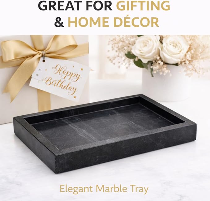 Natural Marble Tray, Black, 10" x 6", Rectangular | Bathroom Vanity Desktop Organizer, Stone Material, For Coffee Table Dresser Nightstand