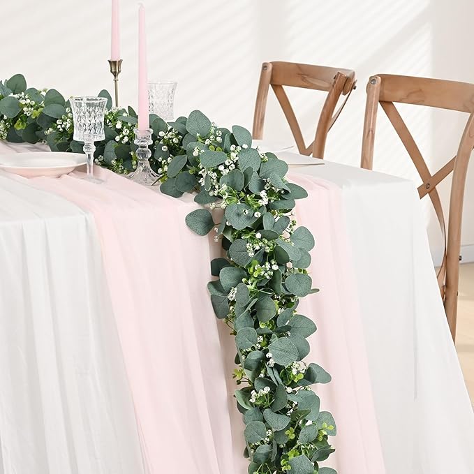 Waipfaru 2Pcs Eucalyptus Garland, 5.9FT Greenery Garland, Green Garland with Flowers, Artificial Faux Silver Dollar Eucalyptus Leaves Vines for Table Home Wedding Mantle Party Indoor Outdoor Decor