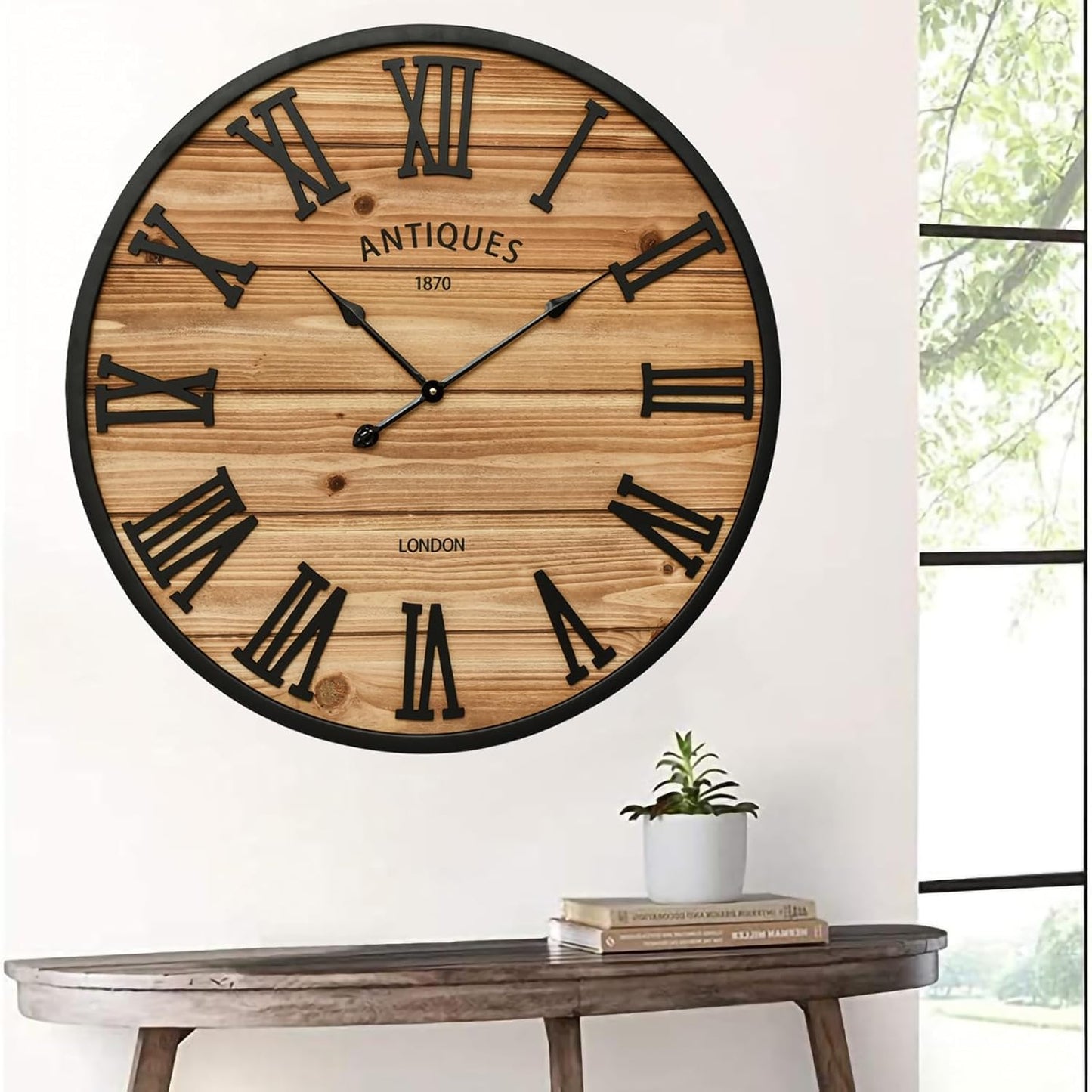 30 Inch Farmhouse Wall Clock - Large Rustic Wood, Silent Sweep, Battery Operated for Living Room Kitchen Office, Brown
