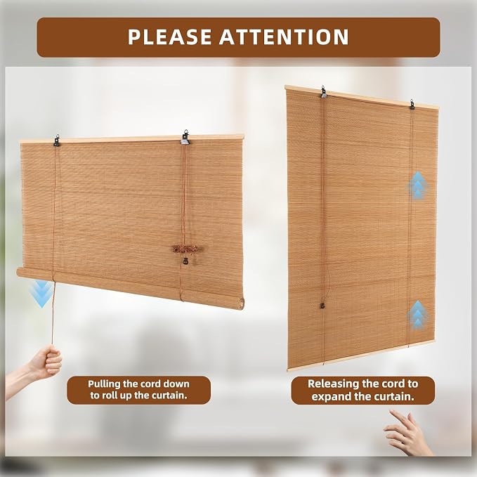 Outdoor Bamboo Roller Blinds Shades, Vertical Lifting and Breathable Waterproof Design, Sun Shade, Blackout and Ventilation, Easy Installation,30" W×64" H