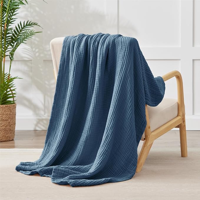 100% Cotton Muslin Blanket Twin XL 66" x 90", 6 Layers Breathable and Lightweight Twin Blanket for Bed, Soft Boho Bedspread, Gauze Bedding for All Season, Blue