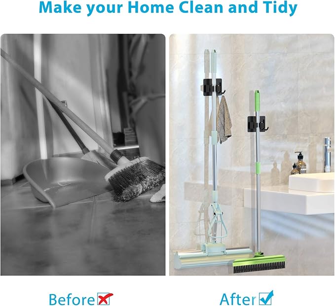 homeasy Mop Broom Holder No Drill, Mop Broom Organizer Wall Mounted Heavy Duty with Hooks Hanger, Self Adhesive Stainless Steel 6Pcs for Bathroom, Kitchen, Office (Black)