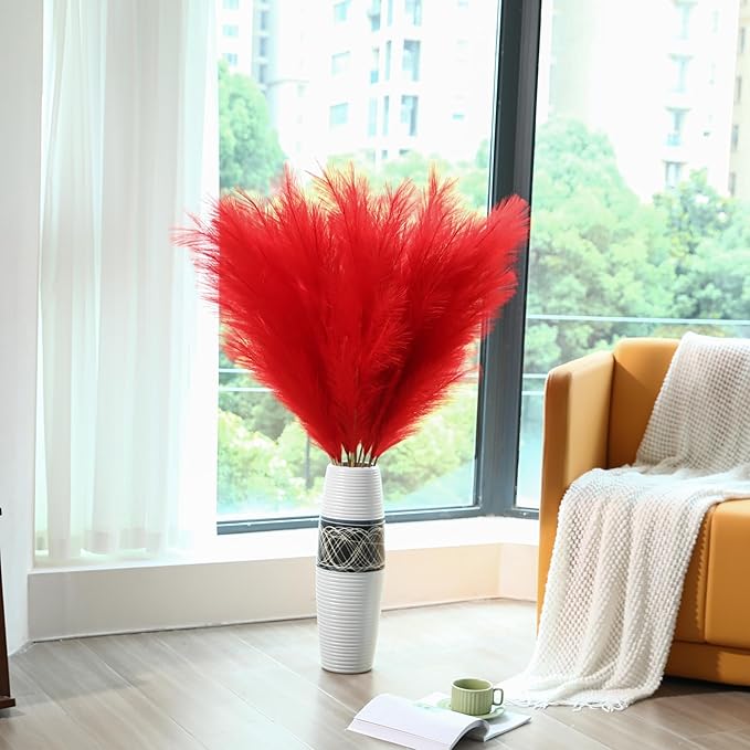 Wertuirk Red Pampas Grass Decor - 45-Inch Set of 8 | Artificial Large Pampas Grass Soft and Fluffy | Long Faux Flower | Perfect for Wedding Centerpieces, Farmhouse, Living Room Decor