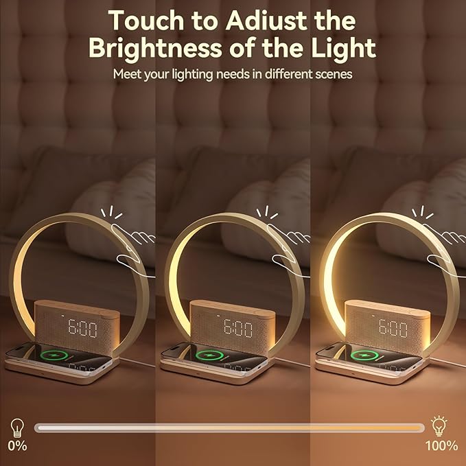 Vivilumens Sunrise Alarm Clock Wireless Charger, 10 White Noise Sound Machine Alarm Clock with 30/60/90 Mins Timer, 3 Levels Touch Night Light Dual Clocks for Heavy Sleeper Bedroom Decor Gift for Her