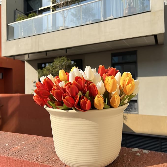 Artificial Fake Flowers for Spring Summer Outdoor Decoration,6 Bundles Shyshining Realistic UV Resistant Silk Fabric Colorful Tulip Faux Plants for outside Planter Home Porch Patio Decor(White Orange)