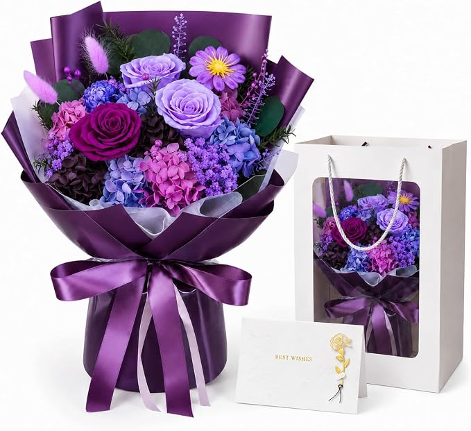 Preserved Purple Rose Bouquet, 100% Real Flowers for Women Mother Wife, Long-Lasting Eternal Roses with Gift Box, Forever Flowers for Anniversary Birthday Mother's Day, Lasts 3-5 Years