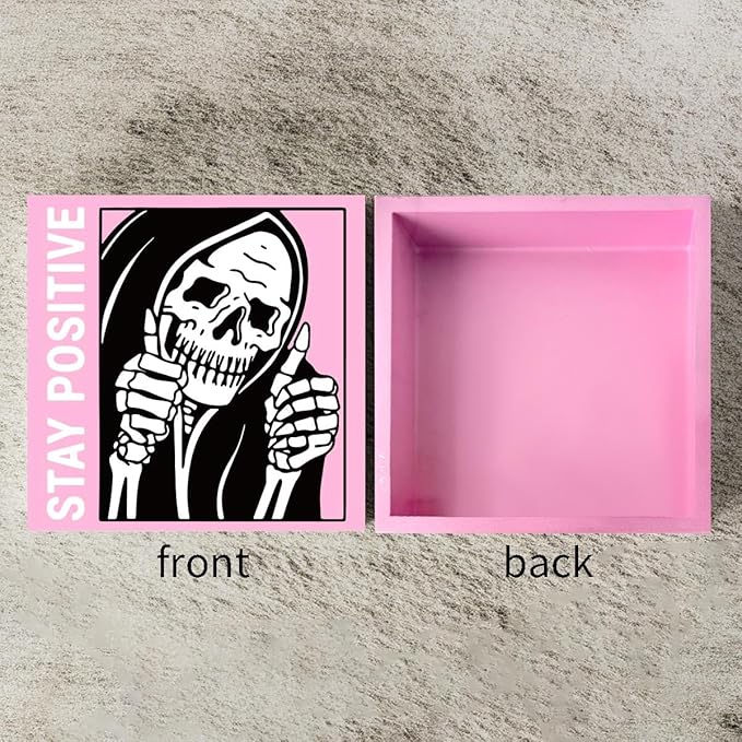 Skull Gothic Home Decor Goth Decor Halloween Skeletons Stay Positive Skulls Skeleton Man Sign for Home Office Desk Accessories Gifts 5 x 5 Inches (Pink)