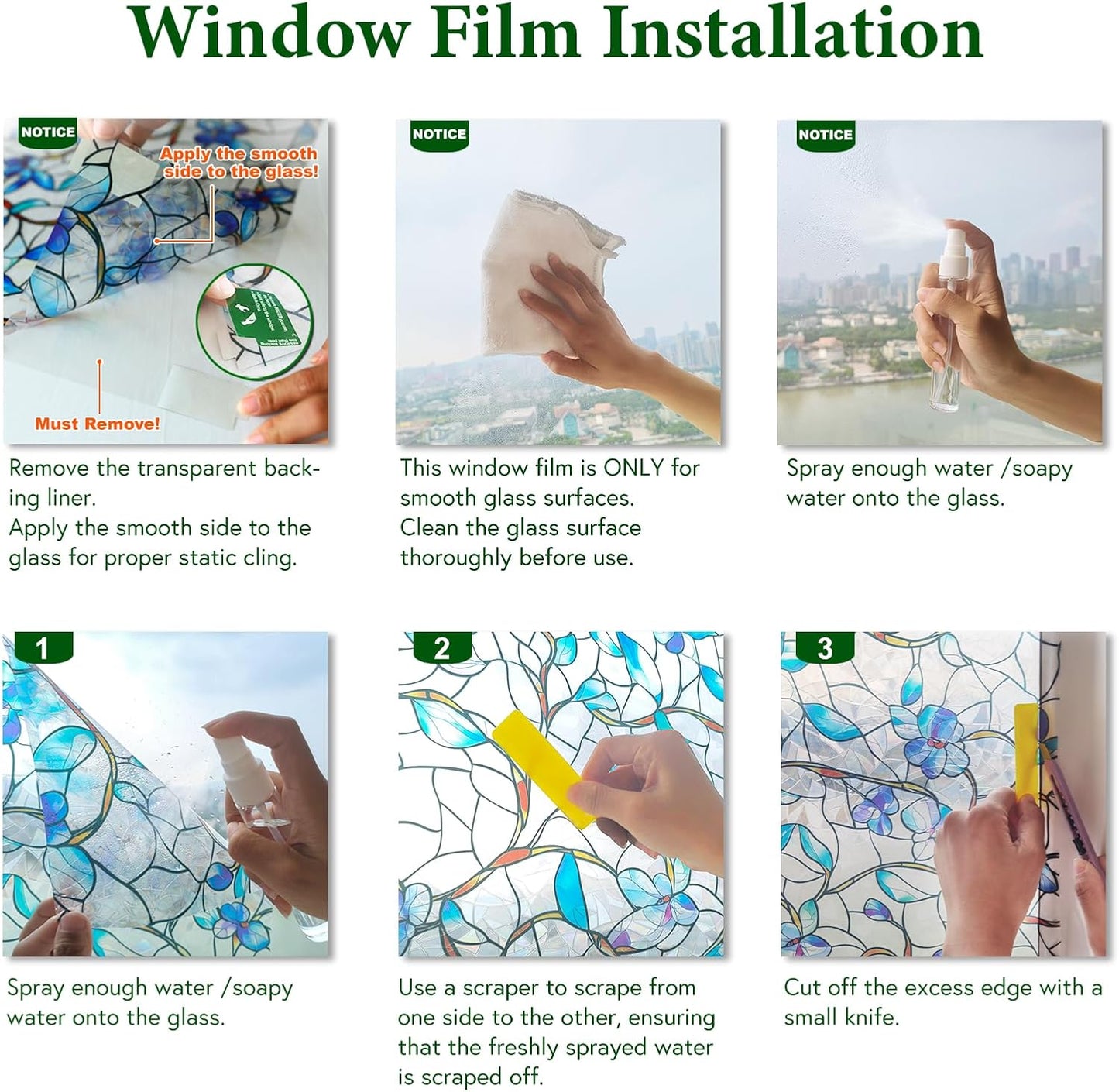 Window Privacy Film Stained Glass Decorative Static Clings Frosted Window Tint for Home Room Decor Bathroom Door Car Stickers with Glittering Effect, Removable(Tulip)