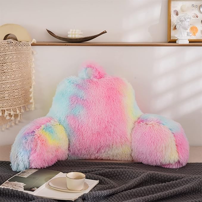 A Nice Night Faux Fur Reading Pillow Bed Wedge Large Adult Children Back Rest Support Cushion for Sit Up on Couch,Sofa,and Floor,Standard,PinkYellow