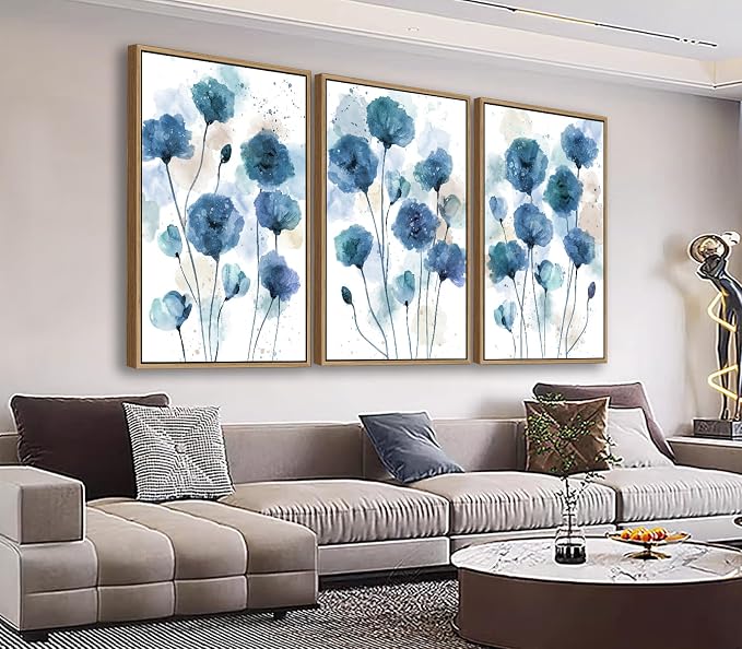 Large Flowers Wall Art for Living Room Natural Wood Float Framed Art Set of 3 Blue Floral Canvas Pictures Abstract Artwork Blossom Canvas Prints for Bedroom Kitchen Home Office Wall Decor 20"X28"X3
