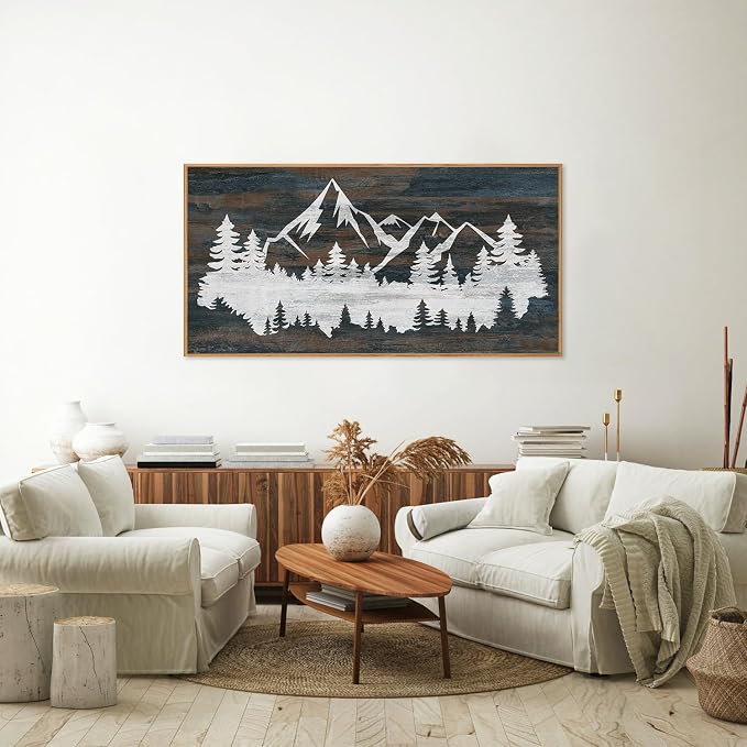 Rantodecor Vintage Mountain Framed Canvas Wall Art, White Snowy Nature Landscape Wall Decor, Rustic Wilderness Forest Art Paintings, Modern Farmhouse Artwork for Bedroom Living Room Office 40"x20"