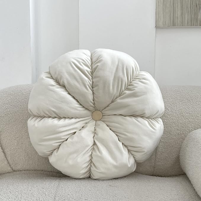 MOJUN Round Velvet Pillow Pumpkin Pleated Cushion Throw Pillow Home Decorative for Couch Chair Bed Car (White, 17.7 inch)
