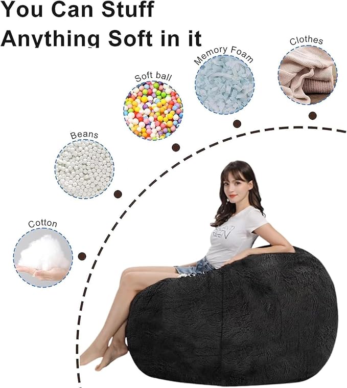 BCU Oversized Bean Bag Cover Comfy Beanbag Chair for Adults Without Filler Faux Fur Lazy Sofa Cover for Living Room Chairs, Multicolored, 5FT