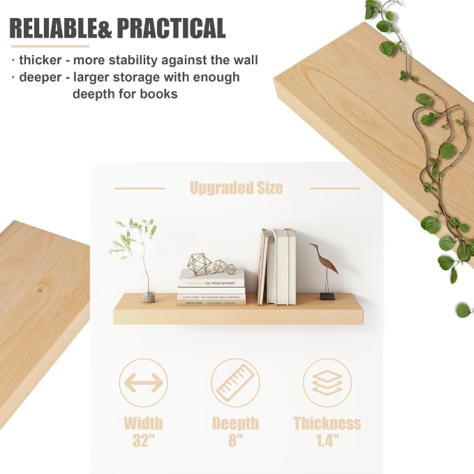 Floating Shelves for Wall, USA-Sourced Beech Wood 32 Inch Wall Shelves Set of 2, Natural Wooden Mounted Picture Ledge Shelf, Nursery Book Storage Shelf Kids Bookshelf Display, Shelf for Bathroom