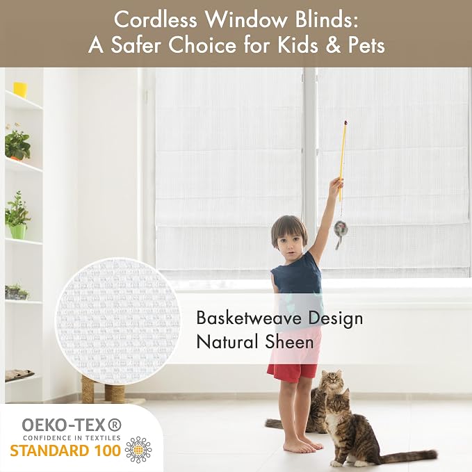 Madison Park Galen Cordless Roman Shade, 39"W x 64"H, Sheen White – Room Darkening, Thermal Insulated, Energy Efficient Window Blind with Subtle Sheen Basketweave Fabric for Privacy