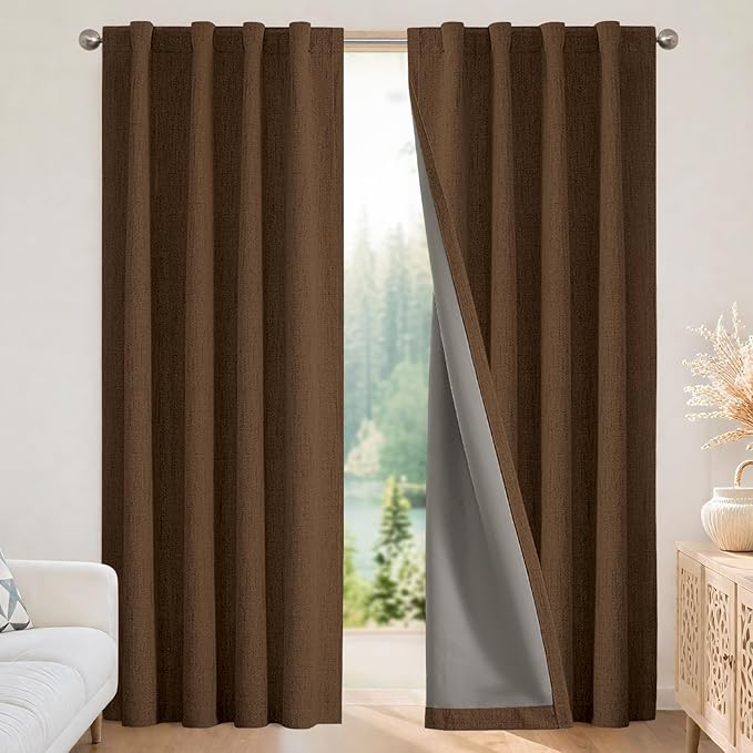 Joydeco Blackout Curtains for Bedroom - 100% Light Blocking 2 Panels Cappuccino Drapes 42"W x 108"L, Thermal Insulated Room Darkening Curtains, Linen Textured for Living Room, Rod Pocket & Back Tabs