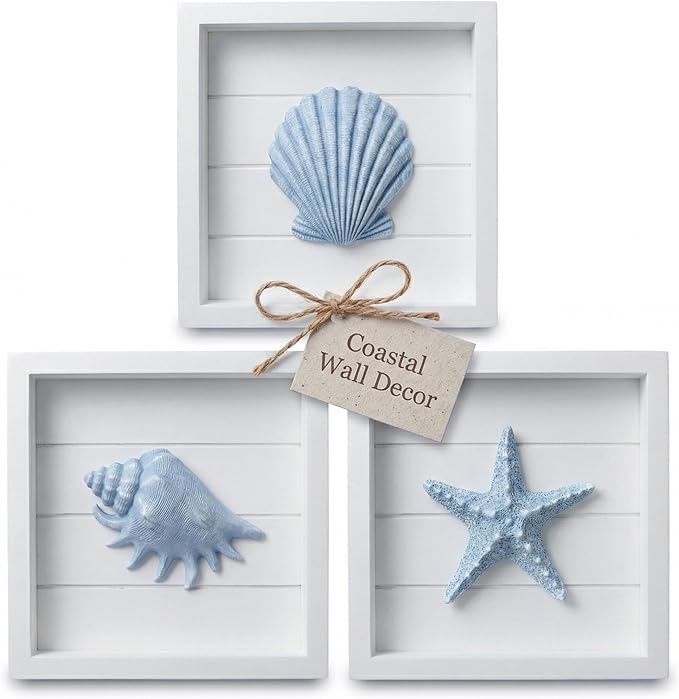TideAndTales Blue Seashells and Starfish (Framed Set of 3) Coastal 3D Wall Art, Beach Wall Decor for Bathroom or Coastal Bedroom, Ocean Inspired Seaside Decorations for Home or Beach House (7"x7")