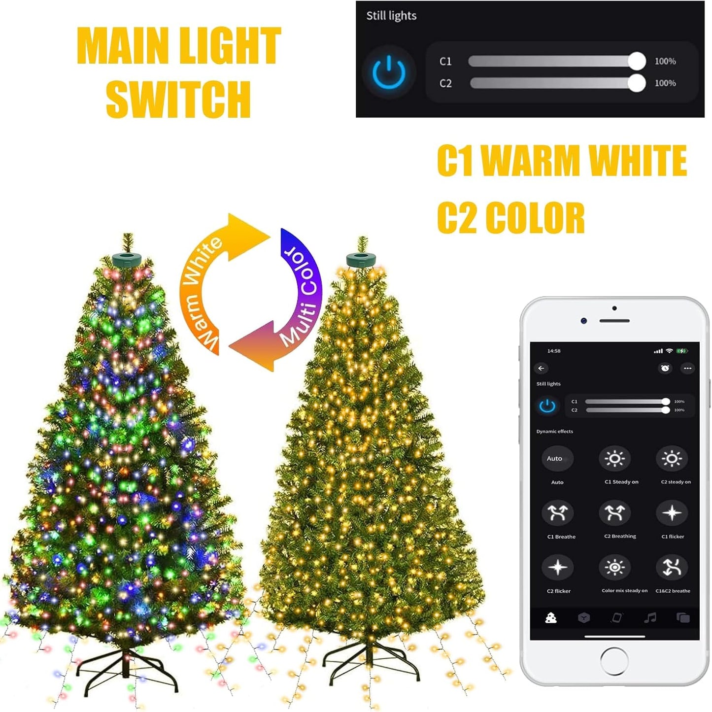 Smart Christmas Tree Lights with Ring, APP Control Music Sync 6.56Ft x 16 Lines String 400 LED Indoor Outdoor with DIY scenarios 17 Modes Multicolor Timing for Christmas Tree Decorations