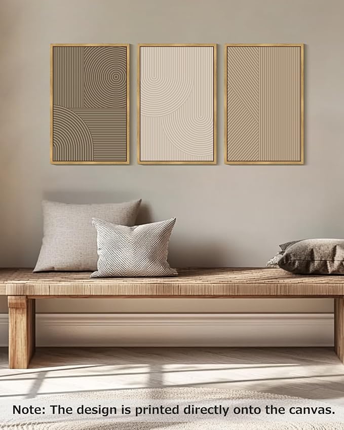 PHOPAGO Boho Mid-Century Modern Framed Wall Art Large 24x36in Minimalist Abstract Neutral Line Wall Decor Bohemain Geometric Artwork Bedroom Dining Room - Natural Framed