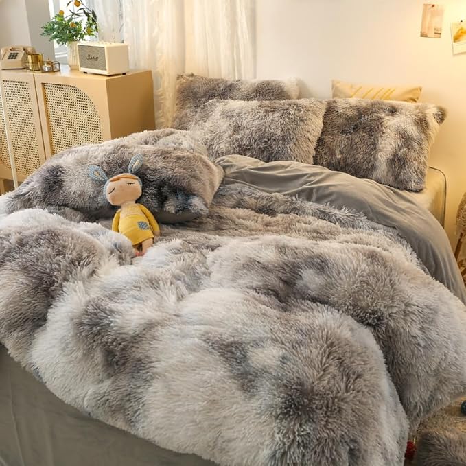 chovy Faux Fur Tie-Dyed Black White Gray Colorful Comforter Sets King - 3PC Bed Set Ultra Soft Plush Flannel Velvet Fluffy Fuzzy Bedding（Comforter x 1 Pillowcases x 2）