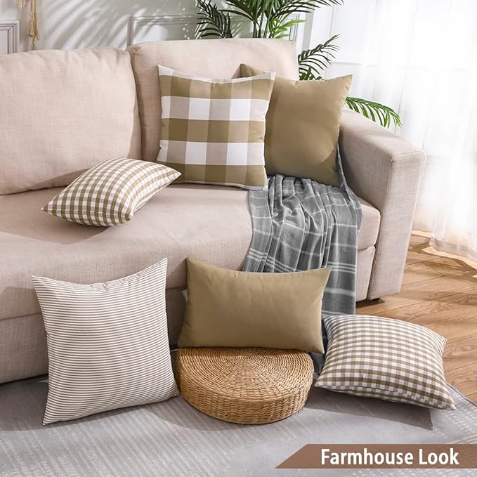 CARRIE HOME Brown Buffalo Check Plaid Couch Pillow Covers 18x18 Set of 2, Neutral Modern Farmhouse Dark Brown Khaki Tan Throw Pillows 18 x 18 for Living Room Sofa (No Pillow Inserts)