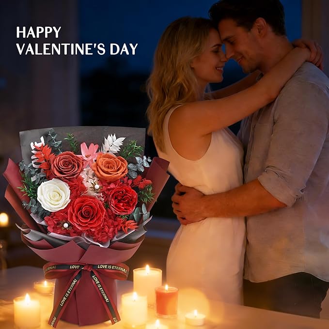 5 Pcs Glitter Red Preserved Roses Flowers Bouquet, Forever Rose Flowers for Delivery, Birthday Gifts for Women, Long-Lasting Red Roses with Vase Gift Box, Forever Flowers for Wife Mothers Day