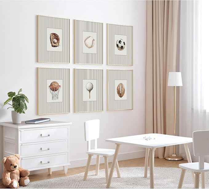 Sports Wall Art Decor Toddler Boys Room Canvas Prints Vintage Sports Nursery Wall Decor Baby Kids Poster Football Baseball Pictures Basketball Theme Artwork for Children Bedroom 8x10x6 Inch Unframed