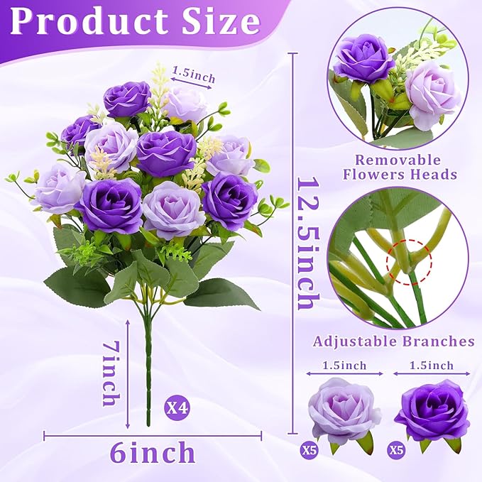 TURNMEON 40 Heads Fake Roses Artificial Flowers for Outdoors, 4 Bouquets UV Resistant Fake Flower Bouquet Faux Silk Roses for Wedding Birthday Party Home Mother's Day Cemetery Summer Decor(Purple)