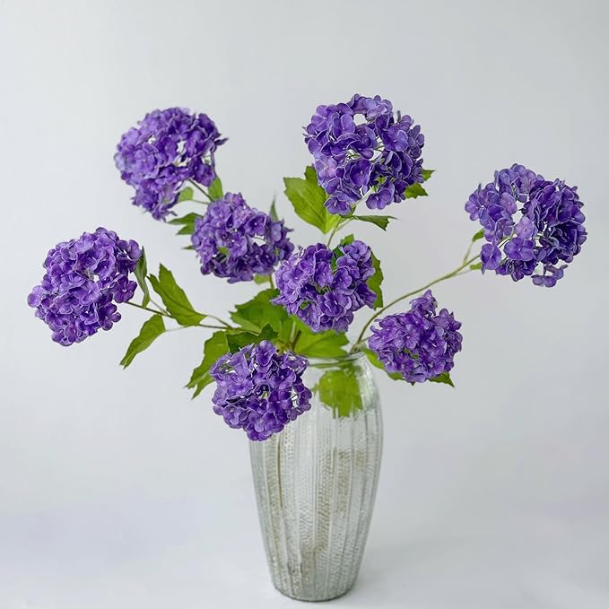 RUZUQE YalzoneMet Purple Small Hydrangea Artificial Flower 4 Pcs 26.8'' Lifelike Long Stem Snowball Viburnum Real Touch Faux Latex Flowers for Home Christmas Decoration Outdoor Wedding Decor