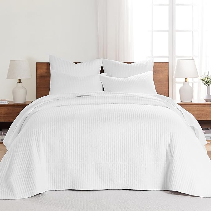 Levtex Home Cross Stitch Reversible Queen Bedspread Set (104x106in) with 2 Pillow Shams (26x20in) - Stitch Texture - Bright White - Cotton Queen Size Bedspread Set - Lightweight, Soft, Pre-Washed