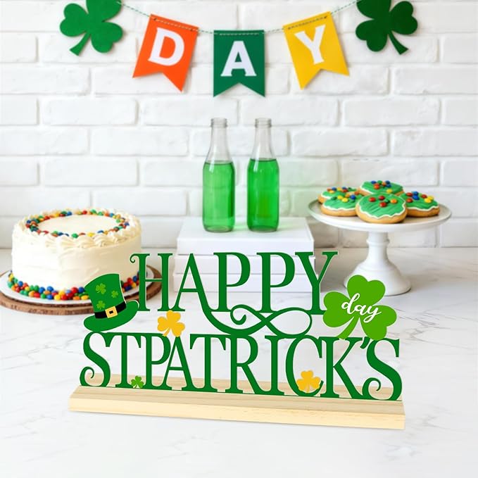Metal Happy St. Patrick’s Day Table Sign, St. Patrick’s Day Tabletop Decoration with Wood Base, Green Shamrock Holiday Centerpiece Sign Decor for Home, Office, Shelf, Mantel Party Supplies（Patrick.A）