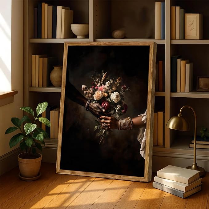 Framed Black Love Floral Wall Art, African American Couple Canvas Wall Decor Prints, Dark Romantic Holding Flowers Paintings Pictures Moody Home Decor Aesthetic for Living Room Bedroom 16x24 inch