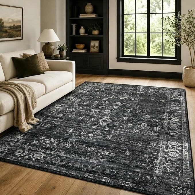 Lahome Margot Vintage 5x7 Area Rugs - Washable Non-Slip Boho Living Room Rugs for Under Table, Black Low Profile Soft Faux Wool for Bedroom, Dinning Room, Nursery, Playroom