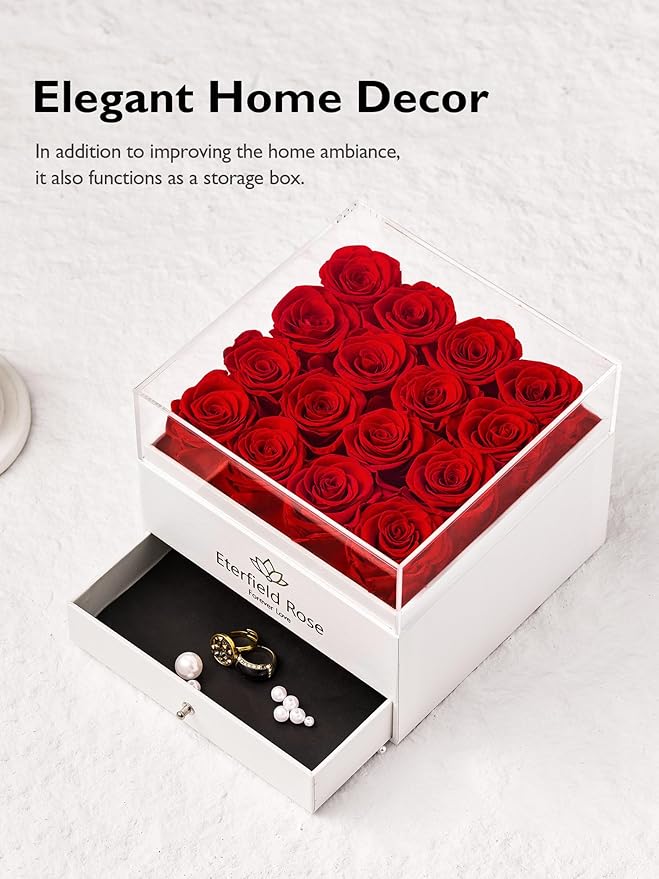 Eterfield Forever Flowers Preserved Roses Real Roses That Last Over a Year Rose Box Gifts for Her Mothers Day Valentines Day Christmas (Square White Box with Drawer, 16 Red Roses)