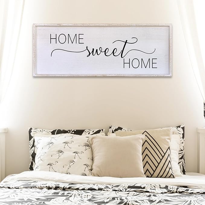 Home Sweet Home Sign Wall Decor 32”X12” Master Family Room Above Bed Beautiful Living Room Above Couch Sign Large Rustic Farmhouse Wood Framed Entryway Hanging Wall Art Decoration (White)