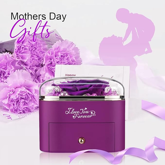 Preserved Real Purple Rose with Angle Wings Necklace, Forever Flowers Gifts for Mom Grandma Wife Girlfriend at Valentines Mothers Day, Anniversary Birthday Gifts for Women, I Love You Gifts for Her