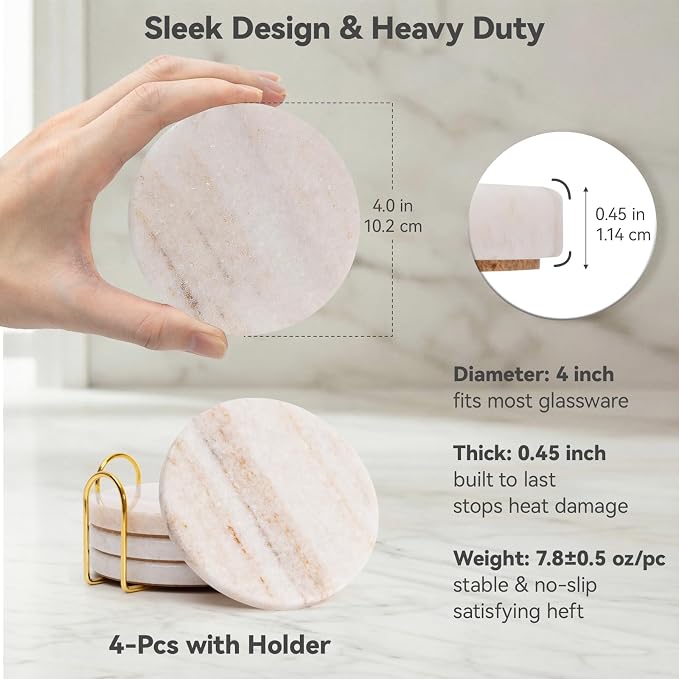 Creamy White Marble Coasters Set of 4 with Holder, Neutral Drink Coasters for Coffee Table, 4" Round Polished White Stone Coaster with Tan Veins – Heat Resistant, Non-Slip, Housewarming Gift