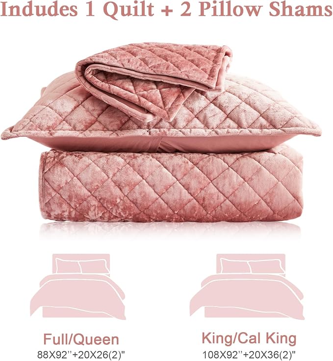 Cosybay Luxury Velvet Quilt Set Queen, Lightweight Oversized Bedspread Coverlet Quilted Box Stitch Bedding Set, with 2 Matching Pillow Shams, for All Season, Rose Pink