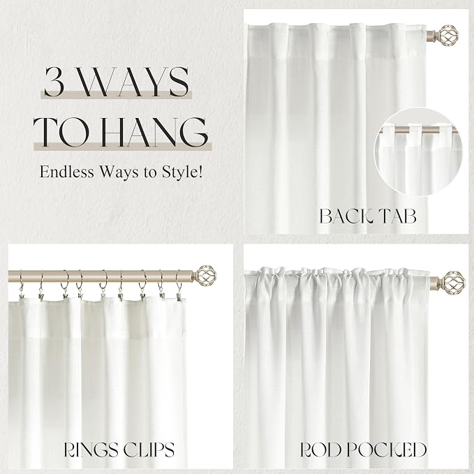 Jowels Ivory Linen Curtains 102 Inch Long 2 Panels for Living Room | White Light Filtering Semi Sheer Curtain,Back Tab Pocket Pleated Look,Farmhouse Textured Privacy Drapes for Bedroom Window