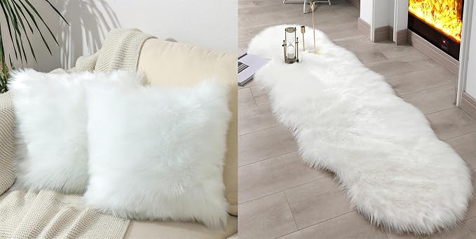 linmopm Excluding Insert Faux Fur Sheepskin Square Pillow Cover 2 Pcs White，18x18Inch+Super Soft Fluffy Faux Fur Sheepskin Rugs 2x6 ft Sheepskin, White