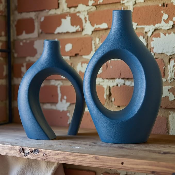 Lvases Snuggle Hollow Ceramic Vase Set of 2, 11Inch Nordic Modern Boho ins Style Decorative Ceramic Aesthetic Flower Vases for Home Decor Living Room Shelf Table Decorative (Matte Navy Blue)
