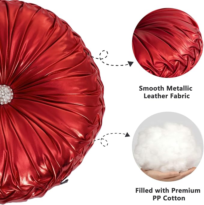 HIG Set of 2 Handcrafted Red Ruched Round Throw Pillows – 14.5’’ Metallic Leather Decorative Pillows with Soft Polyester Filling for Couch, Bed, Living Room, Bedroom, or Dorm