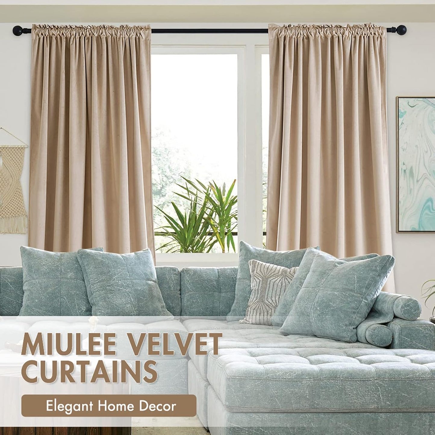 MIULEE Camel Beige Velvet Curtains Thermal Insulated Blackout Curtain Drapes for Bedroom Living Room Darkening 84 Inches Long Curtains Panels Rod Pocket Set of 2